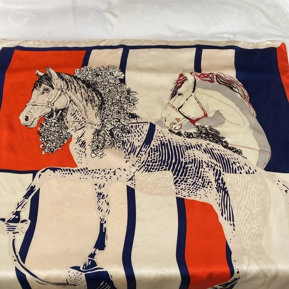 Equestrian Print Scarf Navy Blue Red Cream 33